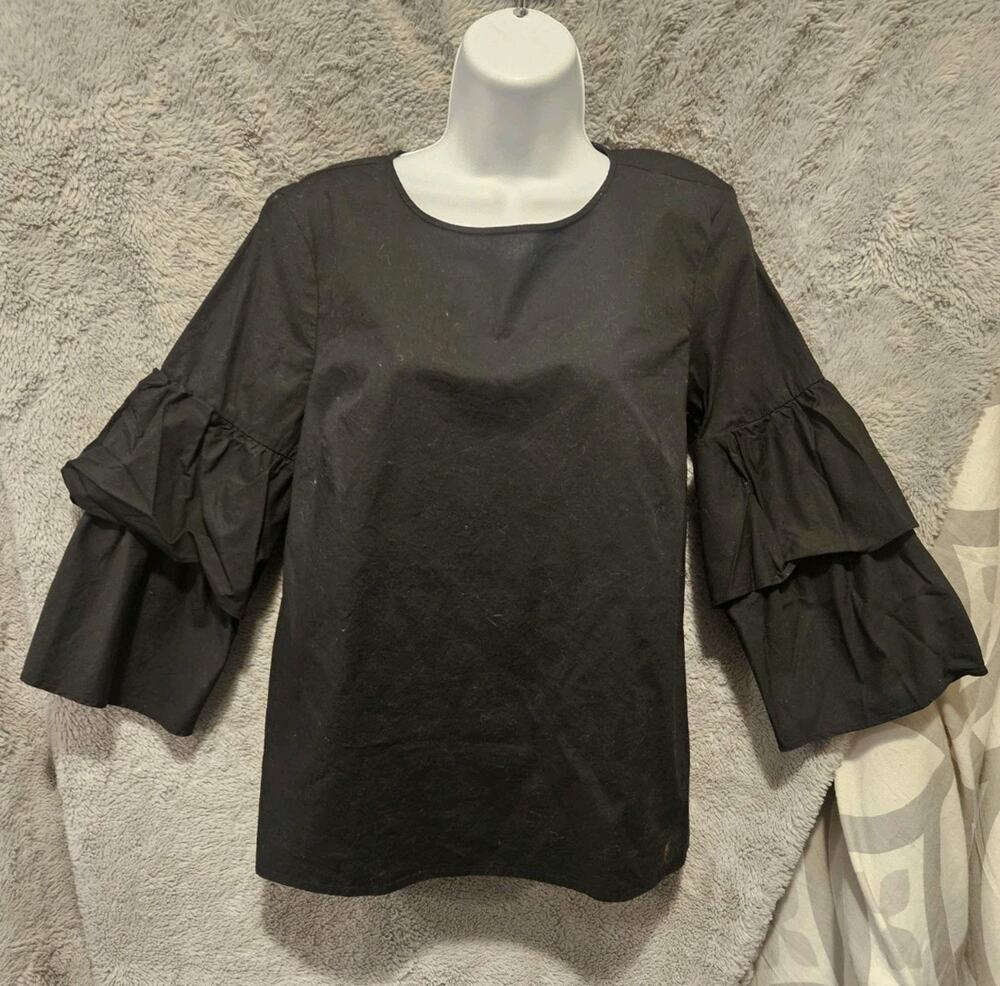 J Crew Mercantile Blouse Black Ruffle Puff Sleeve Poplin Top, Cotton, Sz 2, XS